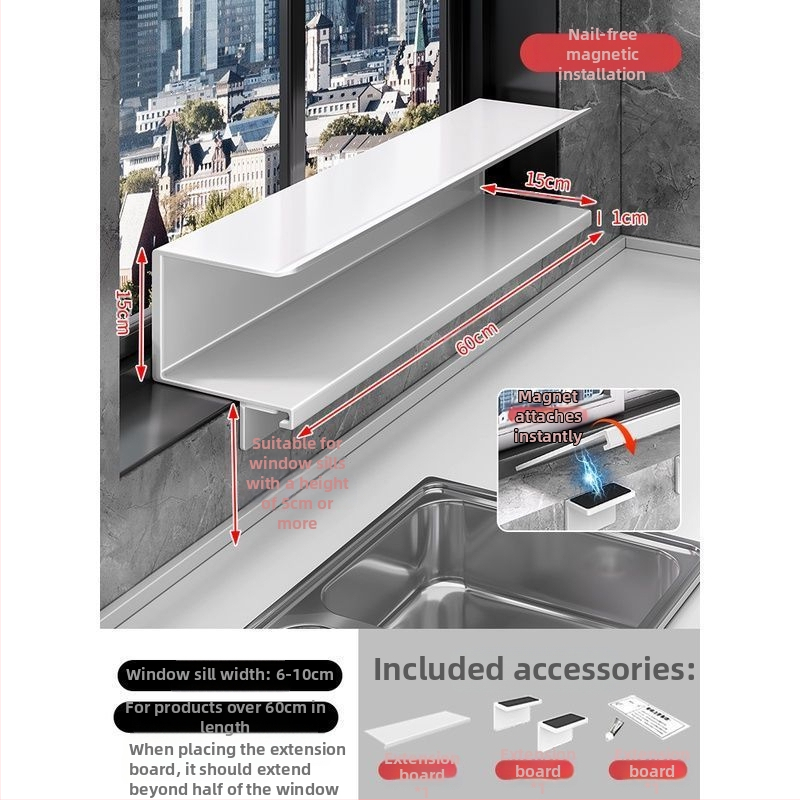 Löögivaba köögi aknalaua pikendusplaadi hoiuriiul, tööpinna laiendatud akna magnetiline vaheseina pikendus, kahekihiline hoiuriiul