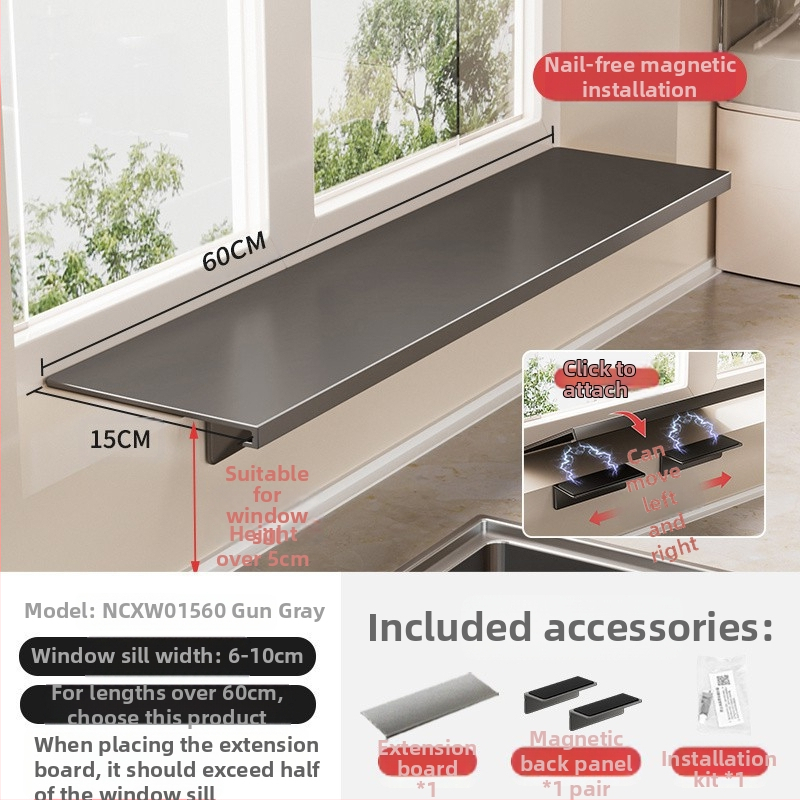 Löögivaba köögi aknalaua pikendusplaadi hoiuriiul, tööpinna laiendatud akna magnetiline vaheseina pikendus, kahekihiline hoiuriiul