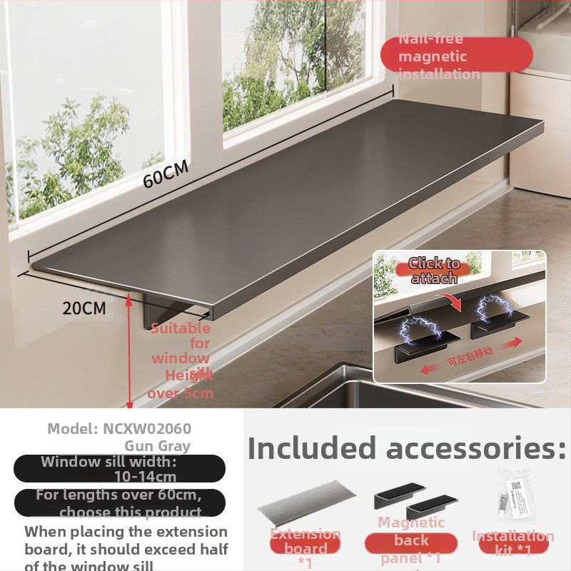 Löögivaba köögi aknalaua pikendusplaadi hoiuriiul, tööpinna laiendatud akna magnetiline vaheseina pikendus, kahekihiline hoiuriiul