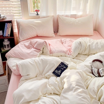 Naujas vienspalvis dvigubas skalbtas medvilninis trijų dalių komplektas, keturių dalių komplektas, paklodės ir paklodės su guma, bendrabučio viešbučio nakvynės ir pusryčių antklodės užvalkalai