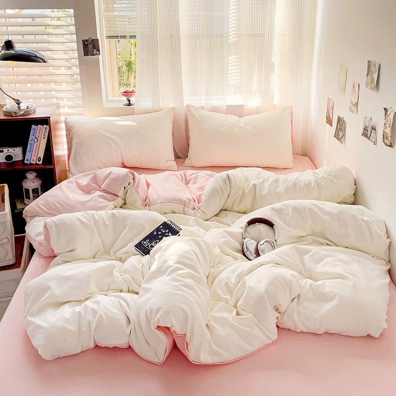 Naujas vienspalvis dvigubas skalbtas medvilninis trijų dalių komplektas, keturių dalių komplektas, paklodės ir paklodės su guma, bendrabučio viešbučio nakvynės ir pusryčių antklodės užvalkalai