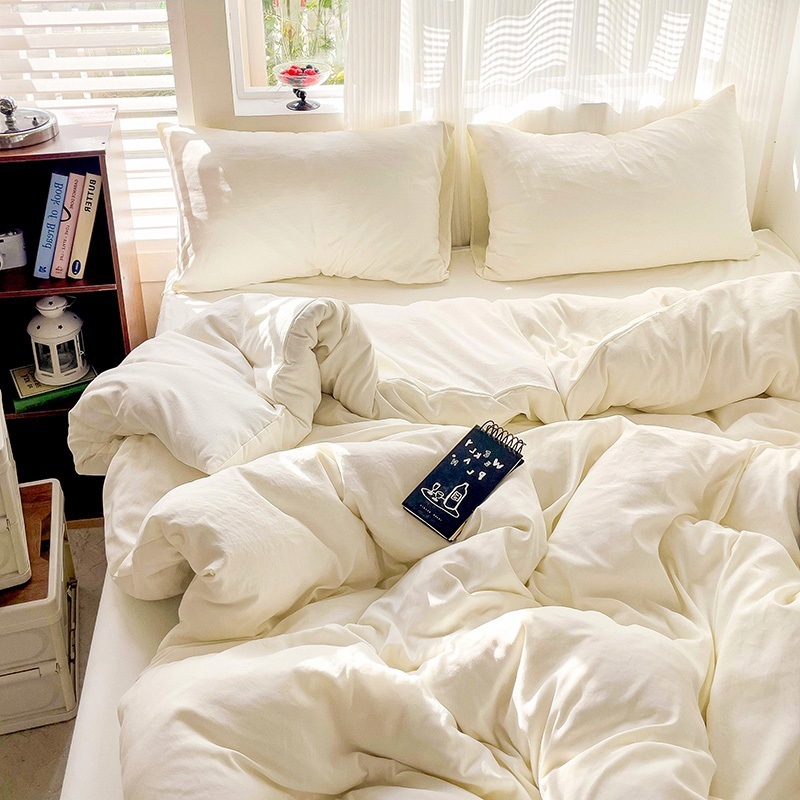 Naujas vienspalvis dvigubas skalbtas medvilninis trijų dalių komplektas, keturių dalių komplektas, paklodės ir paklodės su guma, bendrabučio viešbučio nakvynės ir pusryčių antklodės užvalkalai