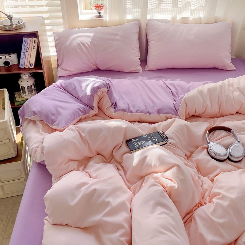 Naujas vienspalvis dvigubas skalbtas medvilninis trijų dalių komplektas, keturių dalių komplektas, paklodės ir paklodės su guma, bendrabučio viešbučio nakvynės ir pusryčių antklodės užvalkalai