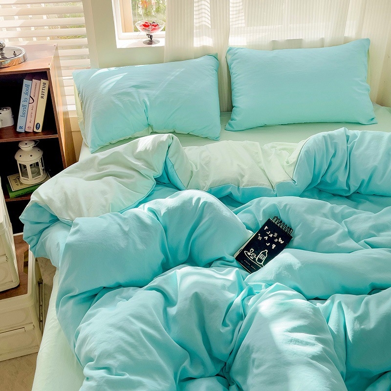 Naujas vienspalvis dvigubas skalbtas medvilninis trijų dalių komplektas, keturių dalių komplektas, paklodės ir paklodės su guma, bendrabučio viešbučio nakvynės ir pusryčių antklodės užvalkalai