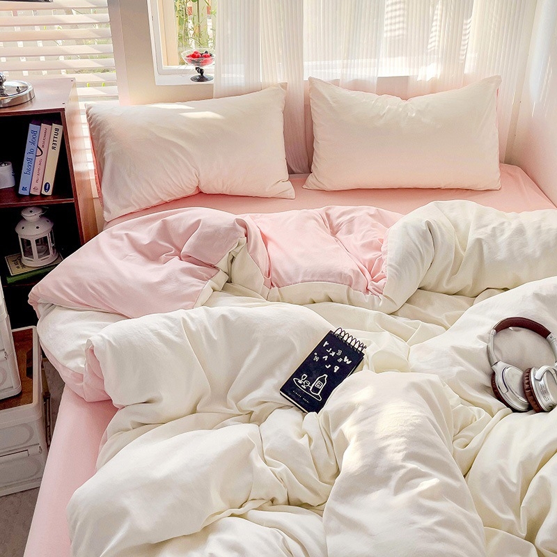 Naujas vienspalvis dvigubas skalbtas medvilninis trijų dalių komplektas, keturių dalių komplektas, paklodės ir paklodės su guma, bendrabučio viešbučio nakvynės ir pusryčių antklodės užvalkalai