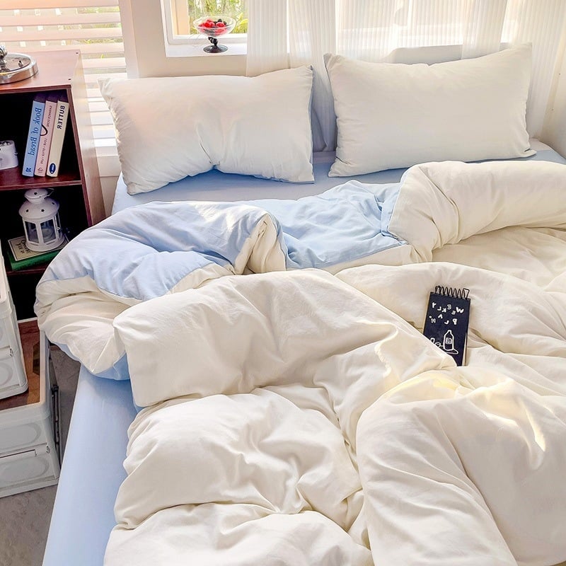 Naujas vienspalvis dvigubas skalbtas medvilninis trijų dalių komplektas, keturių dalių komplektas, paklodės ir paklodės su guma, bendrabučio viešbučio nakvynės ir pusryčių antklodės užvalkalai