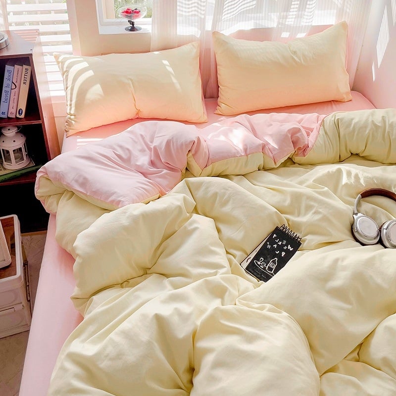 Naujas vienspalvis dvigubas skalbtas medvilninis trijų dalių komplektas, keturių dalių komplektas, paklodės ir paklodės su guma, bendrabučio viešbučio nakvynės ir pusryčių antklodės užvalkalai