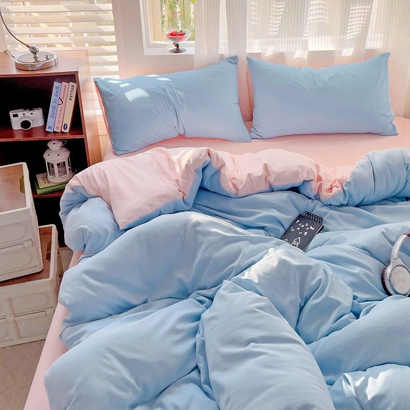 Naujas vienspalvis dvigubas skalbtas medvilninis trijų dalių komplektas, keturių dalių komplektas, paklodės ir paklodės su guma, bendrabučio viešbučio nakvynės ir pusryčių antklodės užvalkalai