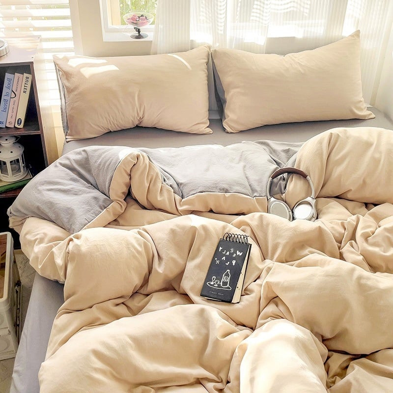 Naujas vienspalvis dvigubas skalbtas medvilninis trijų dalių komplektas, keturių dalių komplektas, paklodės ir paklodės su guma, bendrabučio viešbučio nakvynės ir pusryčių antklodės užvalkalai