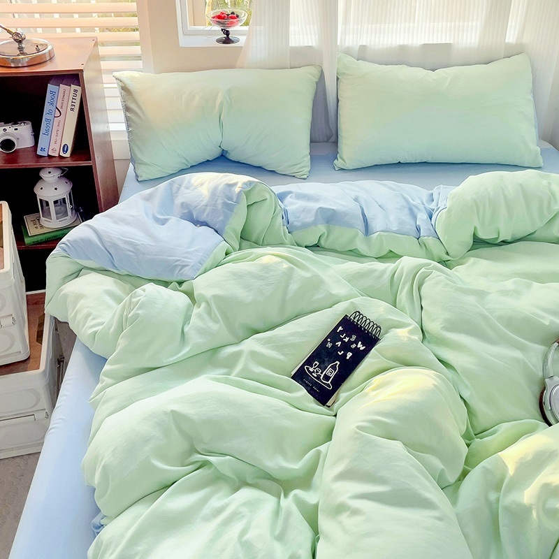 Naujas vienspalvis dvigubas skalbtas medvilninis trijų dalių komplektas, keturių dalių komplektas, paklodės ir paklodės su guma, bendrabučio viešbučio nakvynės ir pusryčių antklodės užvalkalai