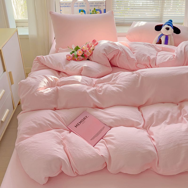 Naujas vienspalvis dvigubas skalbtas medvilninis trijų dalių komplektas, keturių dalių komplektas, paklodės ir paklodės su guma, bendrabučio viešbučio nakvynės ir pusryčių antklodės užvalkalai