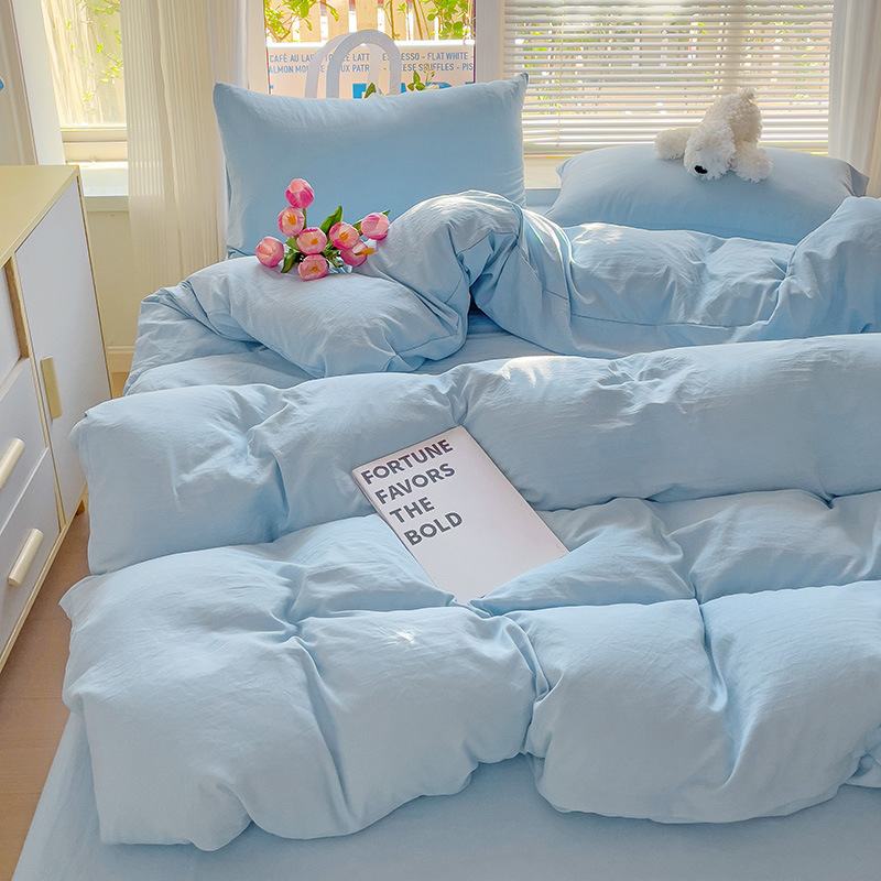 Naujas vienspalvis dvigubas skalbtas medvilninis trijų dalių komplektas, keturių dalių komplektas, paklodės ir paklodės su guma, bendrabučio viešbučio nakvynės ir pusryčių antklodės užvalkalai