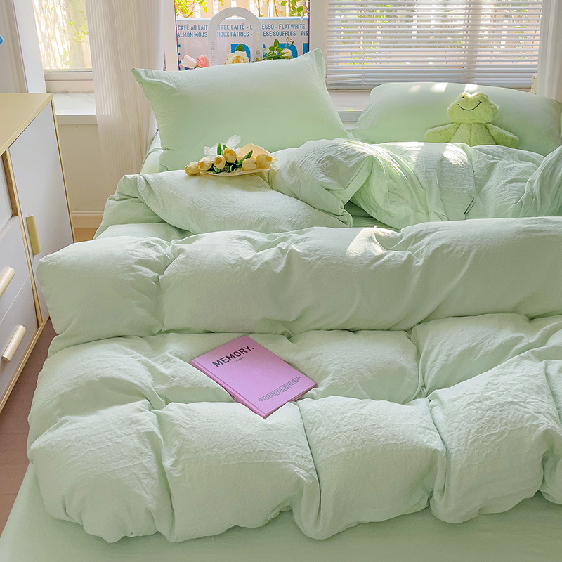 Naujas vienspalvis dvigubas skalbtas medvilninis trijų dalių komplektas, keturių dalių komplektas, paklodės ir paklodės su guma, bendrabučio viešbučio nakvynės ir pusryčių antklodės užvalkalai