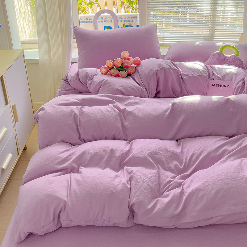 Naujas vienspalvis dvigubas skalbtas medvilninis trijų dalių komplektas, keturių dalių komplektas, paklodės ir paklodės su guma, bendrabučio viešbučio nakvynės ir pusryčių antklodės užvalkalai