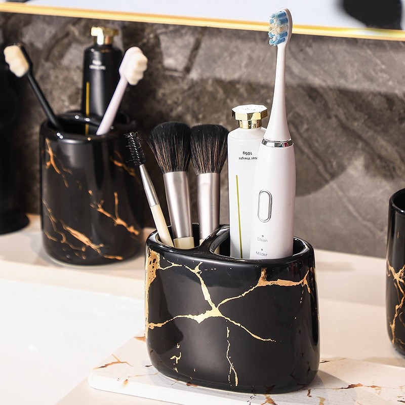 Euroopa stiilis moodne tekiga hoiustatav hambaharjahoidja majapidamise vannitoas marmormustriga keraamiline kosmeetiline paarile mõeldud hambaharja tass