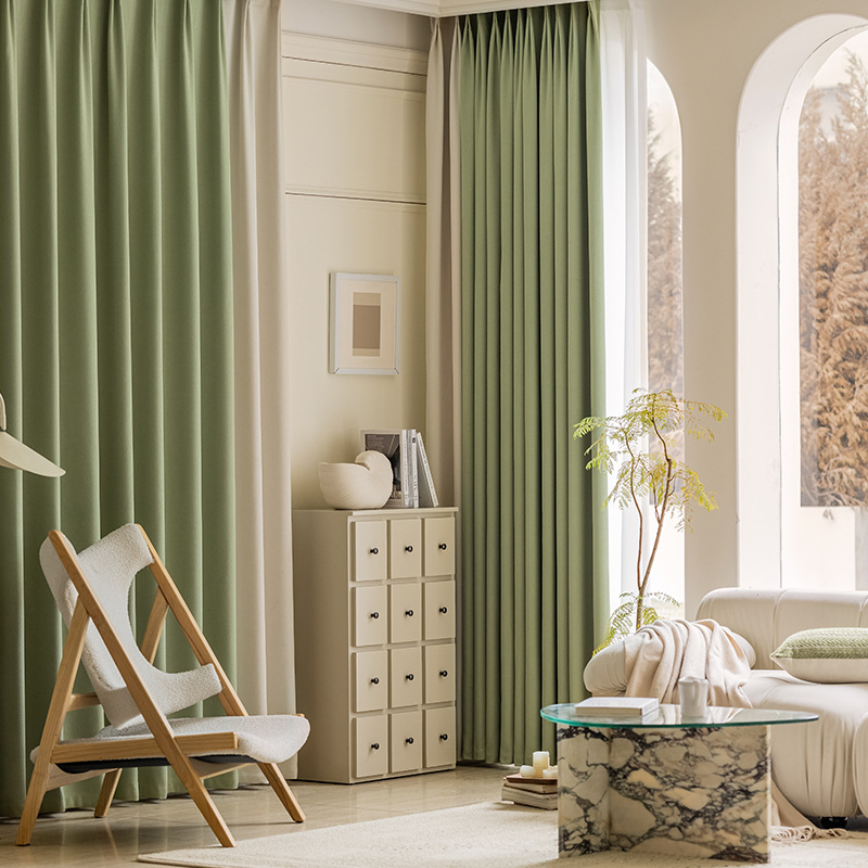 Miegamojo užuolaidos, visiškai užtamsintos, sutirštintos medvilnės ir lino, modernios, paprastos prancūziško įėjimo, prabangios „matcha“ spalvos, apdailos svetainės, gamyklinis tiesioginis pardavimas.