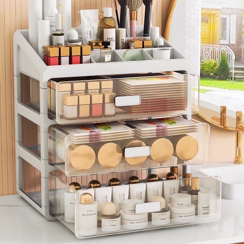 Kosmeetikatoodete hoiukarp Läbipaistev lauaarvuti sahtli tüüp Tolmukindel nahahoolduse tualettlaud Suure mahutavusega ühiselamu meigikarp