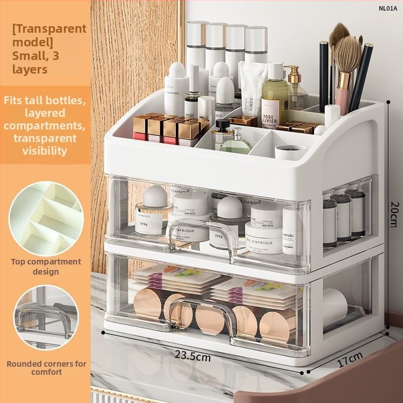 Kosmeetikatoodete hoiukarp Läbipaistev lauaarvuti sahtli tüüp Tolmukindel nahahoolduse tualettlaud Suure mahutavusega ühiselamu meigikarp