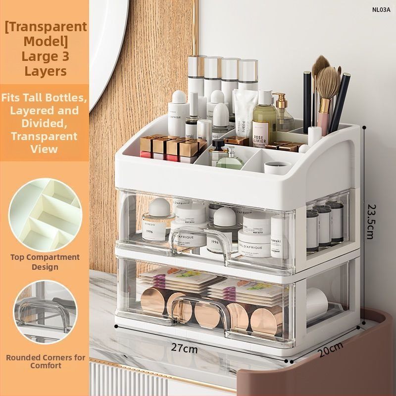 Kosmeetikatoodete hoiukarp Läbipaistev lauaarvuti sahtli tüüp Tolmukindel nahahoolduse tualettlaud Suure mahutavusega ühiselamu meigikarp