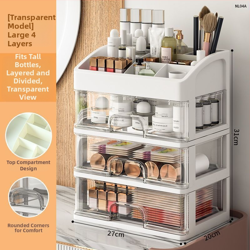 Kosmeetikatoodete hoiukarp Läbipaistev lauaarvuti sahtli tüüp Tolmukindel nahahoolduse tualettlaud Suure mahutavusega ühiselamu meigikarp