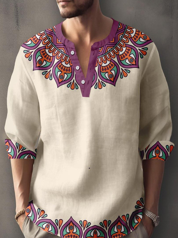 2025 Νέο Ψηφιακό Τρισδιάστατα Εκτυπωμένο Μπαμπού Λινέν Casual Μακρυμάνικο Άνοιξη και Φθινόπωρο Ευρωπαϊκό και Αμερικανικό Μοντέρνο Λεπτό Πουκάμισο με Στάντινγκ-Γαλάζιο για Άνδρες