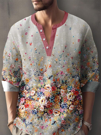 2025 Νέο Ψηφιακό Τρισδιάστατα Εκτυπωμένο Μπαμπού Λινέν Casual Μακρυμάνικο Άνοιξη και Φθινόπωρο Ευρωπαϊκό και Αμερικανικό Μοντέρνο Λεπτό Πουκάμισο με Στάντινγκ-Γαλάζιο για Άνδρες