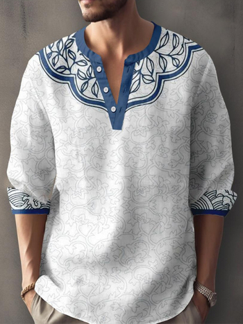 2025 Νέο Ψηφιακό Τρισδιάστατα Εκτυπωμένο Μπαμπού Λινέν Casual Μακρυμάνικο Άνοιξη και Φθινόπωρο Ευρωπαϊκό και Αμερικανικό Μοντέρνο Λεπτό Πουκάμισο με Στάντινγκ-Γαλάζιο για Άνδρες