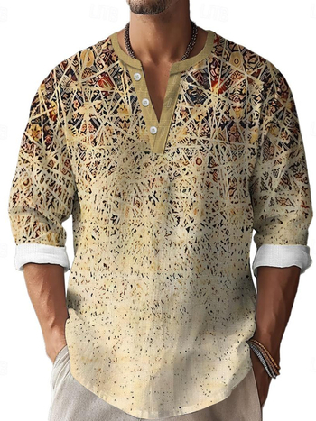 2025 Νέο Ψηφιακό Τρισδιάστατα Εκτυπωμένο Μπαμπού Λινέν Casual Μακρυμάνικο Άνοιξη και Φθινόπωρο Ευρωπαϊκό και Αμερικανικό Μοντέρνο Λεπτό Πουκάμισο με Στάντινγκ-Γαλάζιο για Άνδρες