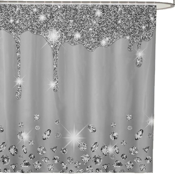 Hõbedase sädeleva trükiga dušikardin, läikiv dekoratiivne hall dušikardina komplekt, veekindel polüester, konksudega vannikardin