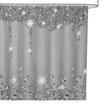 Hõbedase sädeleva trükiga dušikardin, läikiv dekoratiivne hall dušikardina komplekt, veekindel polüester, konksudega vannikardin