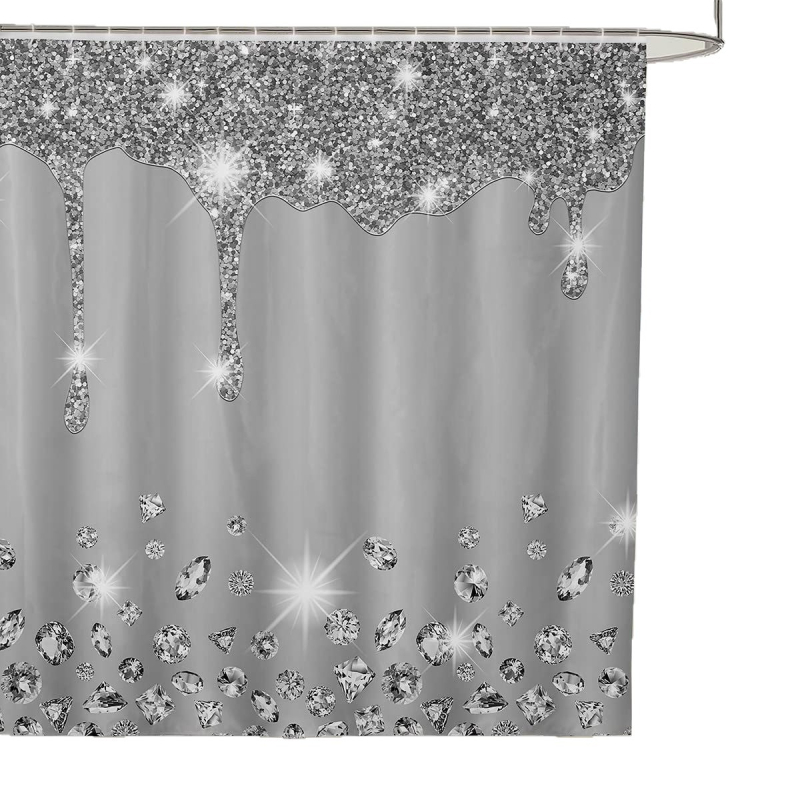 Hõbedase sädeleva trükiga dušikardin, läikiv dekoratiivne hall dušikardina komplekt, veekindel polüester, konksudega vannikardin