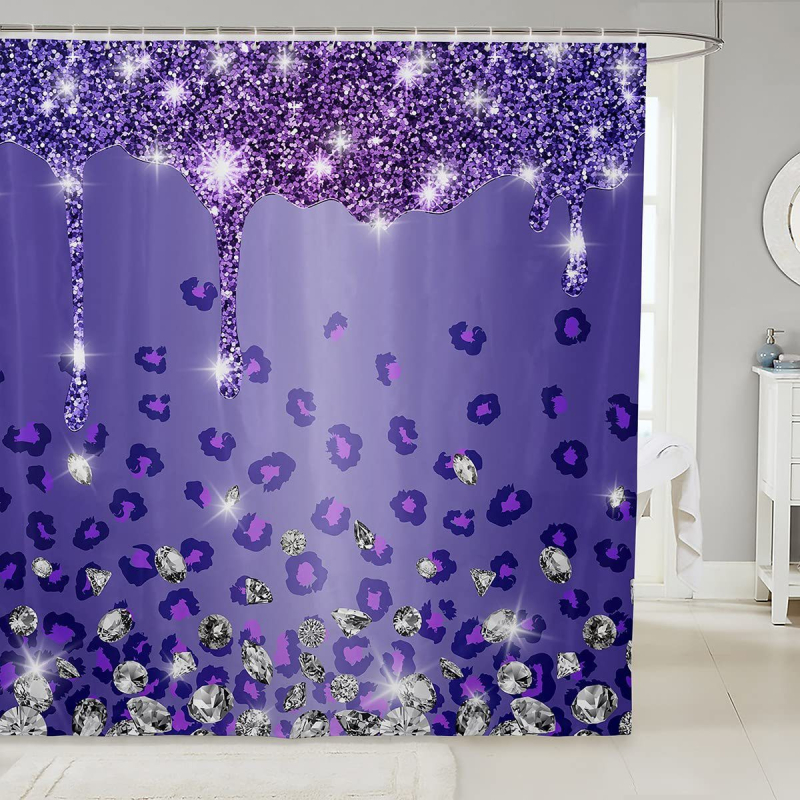 Hõbedase sädeleva trükiga dušikardin, läikiv dekoratiivne hall dušikardina komplekt, veekindel polüester, konksudega vannikardin