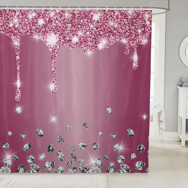 Hõbedase sädeleva trükiga dušikardin, läikiv dekoratiivne hall dušikardina komplekt, veekindel polüester, konksudega vannikardin