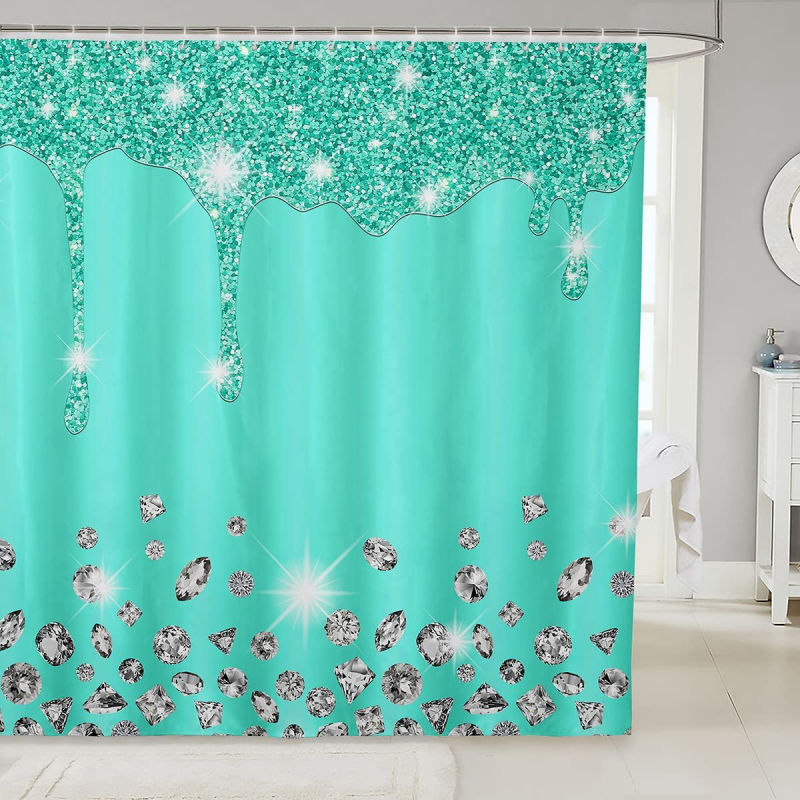 Hõbedase sädeleva trükiga dušikardin, läikiv dekoratiivne hall dušikardina komplekt, veekindel polüester, konksudega vannikardin