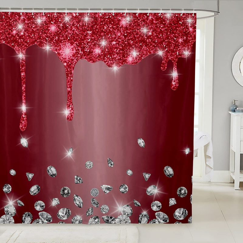 Hõbedase sädeleva trükiga dušikardin, läikiv dekoratiivne hall dušikardina komplekt, veekindel polüester, konksudega vannikardin