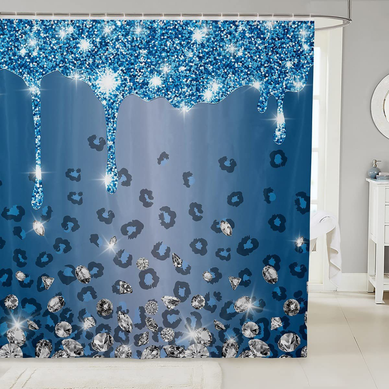 Hõbedase sädeleva trükiga dušikardin, läikiv dekoratiivne hall dušikardina komplekt, veekindel polüester, konksudega vannikardin