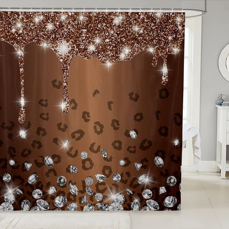 Hõbedase sädeleva trükiga dušikardin, läikiv dekoratiivne hall dušikardina komplekt, veekindel polüester, konksudega vannikardin