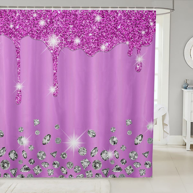 Hõbedase sädeleva trükiga dušikardin, läikiv dekoratiivne hall dušikardina komplekt, veekindel polüester, konksudega vannikardin