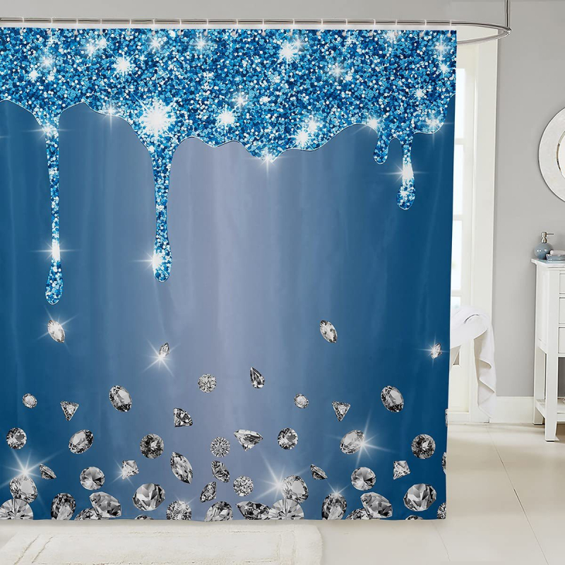 Hõbedase sädeleva trükiga dušikardin, läikiv dekoratiivne hall dušikardina komplekt, veekindel polüester, konksudega vannikardin