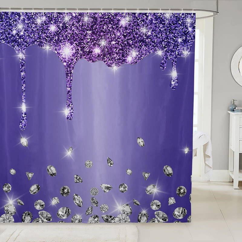 Hõbedase sädeleva trükiga dušikardin, läikiv dekoratiivne hall dušikardina komplekt, veekindel polüester, konksudega vannikardin