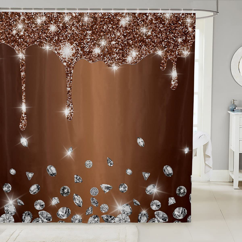 Hõbedase sädeleva trükiga dušikardin, läikiv dekoratiivne hall dušikardina komplekt, veekindel polüester, konksudega vannikardin