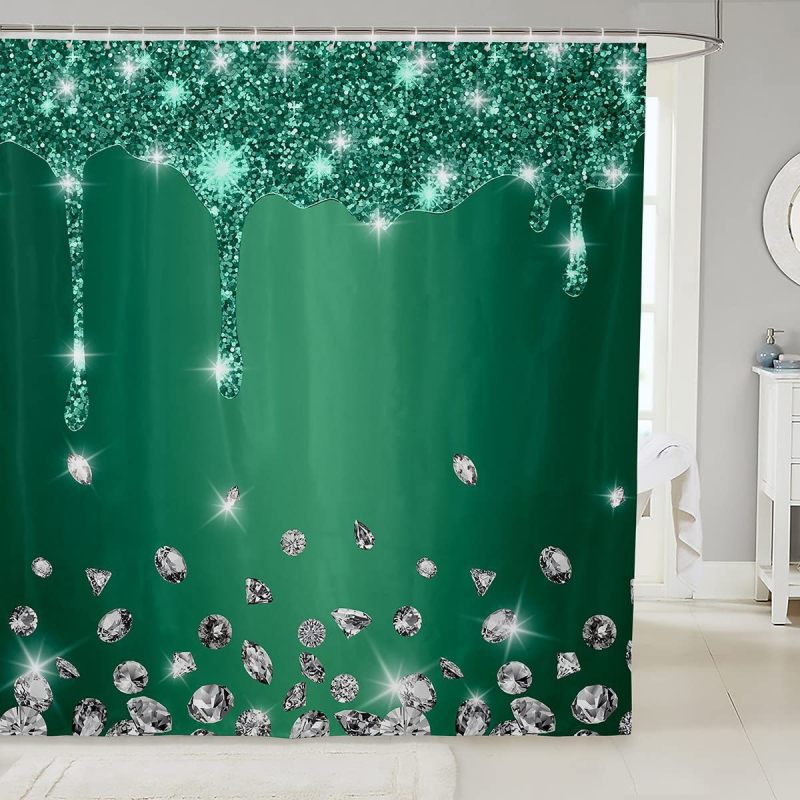 Hõbedase sädeleva trükiga dušikardin, läikiv dekoratiivne hall dušikardina komplekt, veekindel polüester, konksudega vannikardin