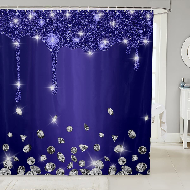 Hõbedase sädeleva trükiga dušikardin, läikiv dekoratiivne hall dušikardina komplekt, veekindel polüester, konksudega vannikardin