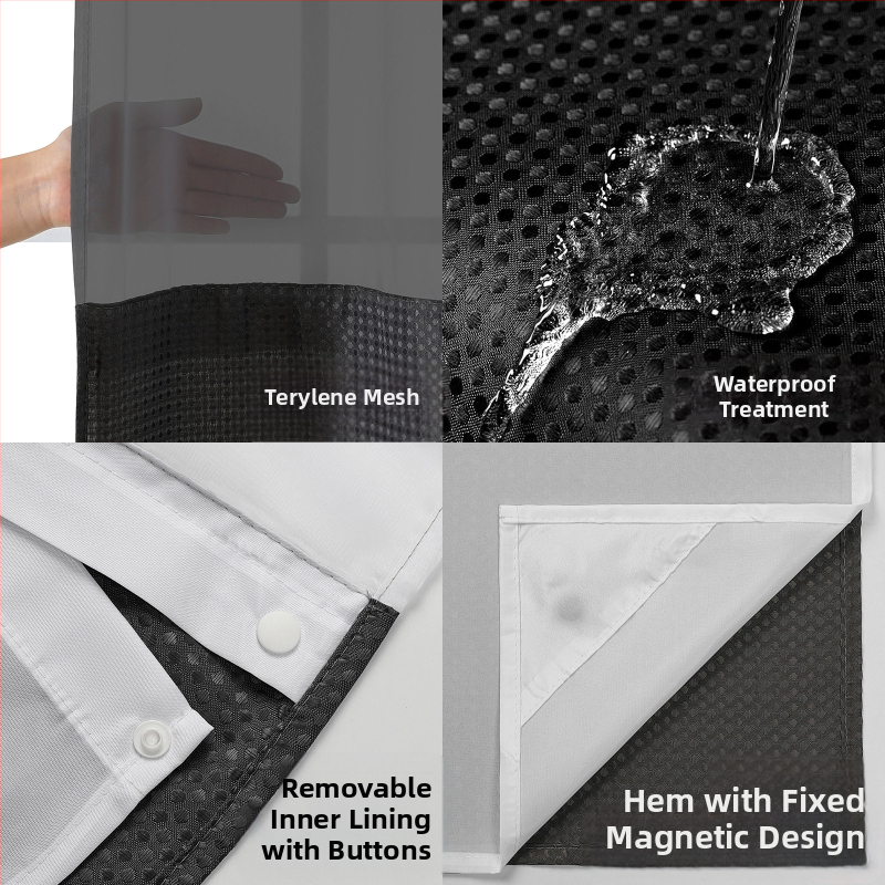 Sprchová záves s waffles vzorom, dvojvrstvový, s veľkými krúžkami, polyester, vodotesný a proti plesniam, do kúpeľne