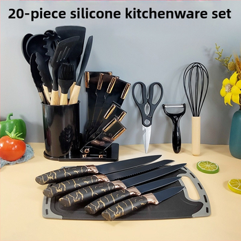 Piiriüleselt hangitud roosakuldne 20-osaline majapidamisriistade komplekt, silikoonist kaabits, õlipintsel, munavahustaja, 19-osaline komplekt