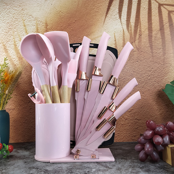 Piiriüleselt hangitud roosakuldne 20-osaline majapidamisriistade komplekt, silikoonist kaabits, õlipintsel, munavahustaja, 19-osaline komplekt