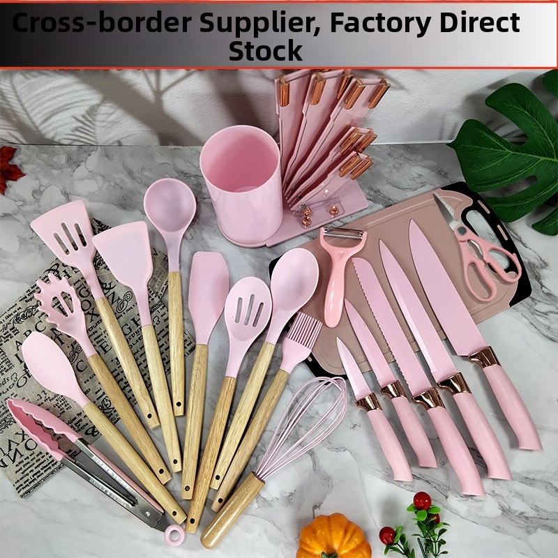 Комплект от 20 домакински инструменти от розово злато от трансграничен източник, силиконова стъргалка, четка за масло, бъркалка за яйца, 19-частичен костюм