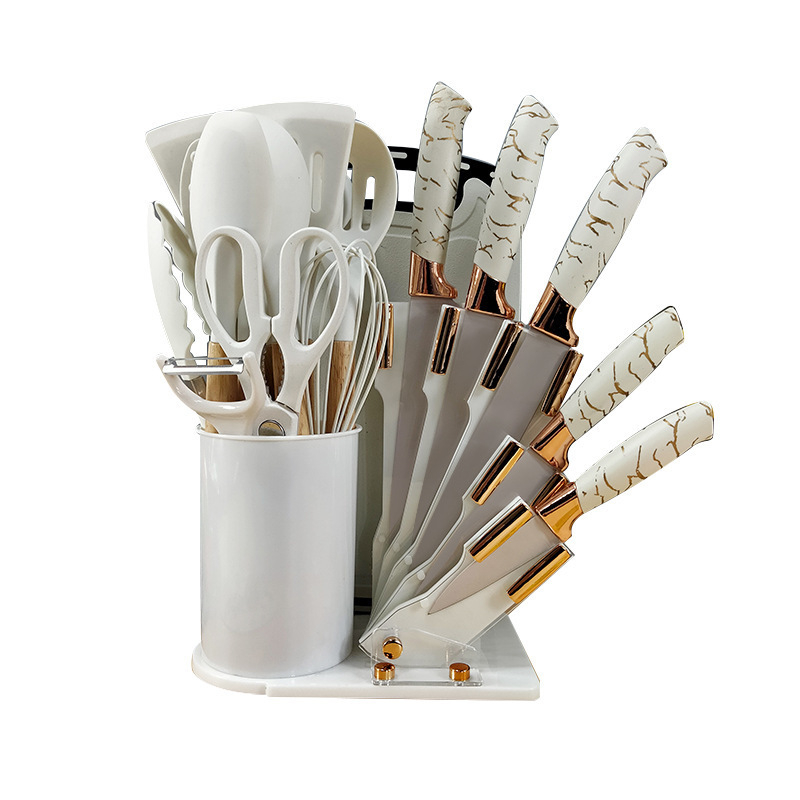 Piiriüleselt hangitud roosakuldne 20-osaline majapidamisriistade komplekt, silikoonist kaabits, õlipintsel, munavahustaja, 19-osaline komplekt