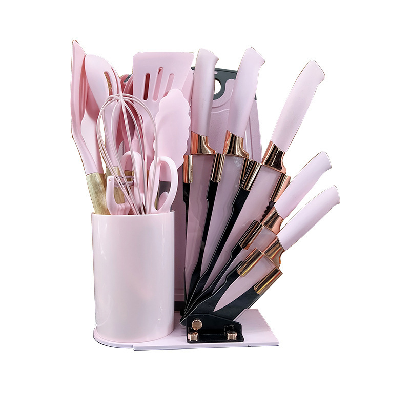 Piiriüleselt hangitud roosakuldne 20-osaline majapidamisriistade komplekt, silikoonist kaabits, õlipintsel, munavahustaja, 19-osaline komplekt