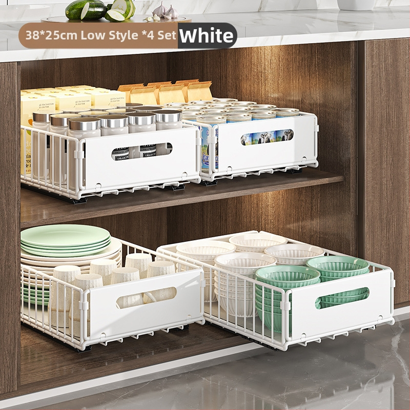 Zložitelný dvojposchodový kuchynský regál pod drezom s vysúvacími košíkmi na koreniny a fľaše občerstvenia